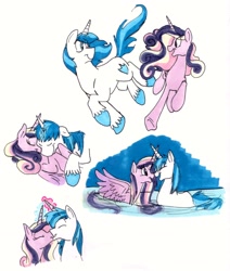 Size: 1852x2180 | Tagged: safe, artist:frankilew, imported from derpibooru, princess cadance, shining armor, alicorn, duck pony, pony, unicorn, :t, boop, colored hooves, cuddling, cute, eye contact, eyes closed, female, floppy ears, glowing horn, happy, horns are touching, kissing, magic, male, mare, married, married couple, married couples doing married things, married life, missing accessory, noseboop, nuzzling, on back, open mouth, pegaduck, prone, running, shiningcadance, shipping, simple background, smiling, snuggling, spread wings, stallion, straight, swimming, talking, traditional art, underhoof, unshorn fetlocks, water, wet mane, white background