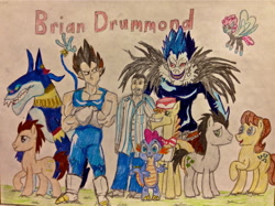 Size: 3121x2339 | Tagged: safe, artist:bravokrofski, imported from derpibooru, ahuizotl, caramel, carrot cake, doctor whooves, lucky clover, master kenbroath gilspotten heathspike, seabreeze, spike, time turner, breezie, brian drummond, death note, dragon ball, dragon ball z, g3, g3 to g4, g4, generation leap, male, ryuk, shinigami, vegeta, voice actor