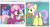 Size: 514x280 | Tagged: safe, imported from derpibooru, screencap, cheerilee, diamond mint, drizzle, serena, sunshine petals, derpibooru, pinkie pride, background pony, blank flank, cheese, cheese sandwich (food), exploitable meme, filly, flower, juxtaposition, juxtaposition win, meme, meta, sandwich, tree, younger