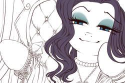Size: 751x499 | Tagged: safe, artist:umeguru, artist:うめぐる, imported from derpibooru, rarity, fabulous, female, jewelry, lidded eyes, smiling, smug, solo, wip