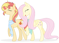 Size: 989x718 | Tagged: safe, artist:ezidze, artist:shizow, imported from derpibooru, fluttershy, sunset shimmer, pegasus, pony, unicorn, female, lesbian, shipping, sunshyne