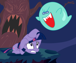 Size: 5155x4248 | Tagged: safe, artist:sunley, imported from derpibooru, twilight sparkle, ghost, pony, unicorn, absurd resolution, boo (super mario), cowering, crossover, duo, fangs, female, glasses, mare, open mouth, scared, super mario bros., tree, unicorn twilight