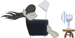 Size: 3017x1519 | Tagged: safe, artist:kurokaji11, imported from derpibooru, octavia melody, chair, eyes closed, fan, female, lamp, maxell, parody, simple background, sitting, solo, transparent background, windswept mane