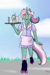 Size: 800x1200 | Tagged: safe, artist:nissatron5000, imported from derpibooru, fizzy, anthro, apron, clothes, cute, fizzybetes, g1, roller skates, sundae, waitress