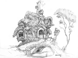 Size: 1200x904 | Tagged: safe, artist:baron engel, imported from derpibooru, fluttershy's cottage, monochrome, pencil drawing, scenery, sketch, traditional art