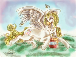 Size: 1000x749 | Tagged: safe, artist:sapphire-light, imported from derpibooru, honeycomb, bee, pegasus, pony, g1, honey, messy eating, silly, silly pony, this will end in pain