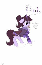 Size: 720x1109 | Tagged: safe, artist:codras, imported from derpibooru, oc, oc only, oc:pillow case, mothpony, original species, chest fluff, clothes, dialogue, hoodie, long tongue, ponytail, solo, species swap, sweater