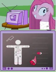 Size: 388x500 | Tagged: safe, imported from derpibooru, pinkie pie, diagram, exploitable meme, female, grimdark source, insanity, meat, meme, music video, obligatory pony, pinkamena diane pie, questionable source, solo, tv meme, youtube link