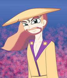 Size: 839x973 | Tagged: safe, imported from derpibooru, princess celestia, human, abstract background, asian conical hat, beard, clothes, facial hair, humanized, kimono (clothing), light skin, prince solaris, rice hat, rule 63