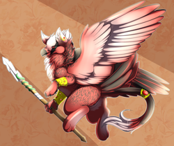 Size: 1280x1082 | Tagged: safe, artist:camychan, imported from derpibooru, oc, oc only, oc:choya, griffon, velociraptor, female, fluffy, flying, paws, solo, spear, spread wings, weapon