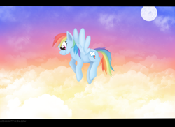 Size: 1280x932 | Tagged: safe, artist:comickit, imported from derpibooru, rainbow dash, cloud, cloudy, female, flying, moon, solo