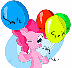 Size: 4666x4444 | Tagged: safe, artist:ando, imported from derpibooru, pinkie pie, absurd resolution, balloon, female, looking at you, one eye closed, smiling, solo, wink