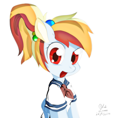 Size: 3200x3111 | Tagged: safe, artist:ando, imported from derpibooru, rainbow dash, anthro, anime, bubble, clothes, cute, female, looking at you, necktie, open mouth, red eyes, school uniform, schoolgirl, smiling, solo