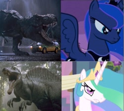 Size: 641x571 | Tagged: safe, imported from derpibooru, princess celestia, princess luna, dinosaur, spinosaurus, tyrannosaurus rex, celestia hate, drama, drama bait, jurassic park, op is a duck, op started shit