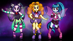 Size: 1810x1028 | Tagged: safe, artist:bswprecious, imported from derpibooru, adagio dazzle, aria blaze, sonata dusk, equestria girls, fin wings, heart hands, ponied up, sandals, the dazzlings, transformation