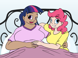 Size: 1280x951 | Tagged: dead source, safe, artist:bigponiesinc, imported from derpibooru, pinkie pie, twilight sparkle, human, ask feedee twilight, bed, bedroom eyes, breasts, busty pinkie pie, busty twilight sparkle, chubby, cuddling, fat, female, humanized, in bed, lesbian, shipping, snuggling, twilard sparkle, twinkie