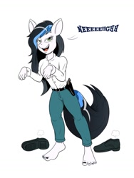 Size: 774x1032 | Tagged: source needed, useless source url, safe, artist:majikkumausuii, artist:mintymousyxfce, imported from derpibooru, oc, oc only, oc:mia drago, anthro, earth pony, plantigrade anthro, anthro oc, barefoot, clothes, detective, feet, female, mare, neigh, officer, playing, police, shoes, teasing, toes, uniform