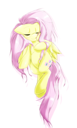 Size: 600x1000 | Tagged: safe, artist:ushiro no kukan, imported from derpibooru, fluttershy, cute, eyes closed, female, long mane, long tail, pixiv, simple background, solo, tail, white background