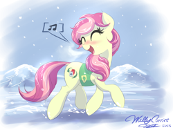 Size: 1480x1110 | Tagged: safe, artist:walliscolours, artist:willisninety-six, imported from derpibooru, oc, oc only, oc:five of cloves, earth pony, pony, winter wrap up, clothes, female, happy, mare, music notes, plant team, singing, snow, snowfall, solo, vest, walking, winter, winter wrap up vest