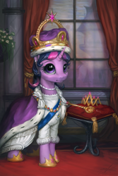 Size: 800x1200 | Tagged: safe, artist:assasinmonkey, imported from derpibooru, twilight sparkle, alicorn, pony, alternate hairstyle, au:eqcl, clothes, crown, cute, detailed, ermine, ermine (fur), female, jewelry, looking at you, mare, new crown, regalia, sash, scepter, smiling, solo, tiara, twilight sparkle (alicorn)