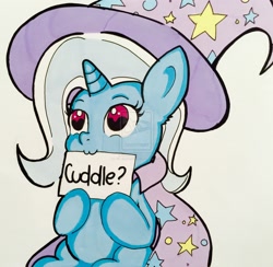 Size: 1600x1564 | Tagged: safe, artist:mr-skyliner34, imported from derpibooru, trixie, pony, unicorn, :3, female, mare, mouth hold, sign, solo, traditional art