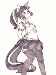 Size: 887x1200 | Tagged: safe, artist:yachimata, imported from derpibooru, twilight sparkle, anthro, alternate hairstyle, clothes, female, monochrome, pencil drawing, ponytail, school uniform, socks, solo, stockings, thigh highs, traditional art