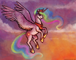 Size: 1235x976 | Tagged: safe, artist:fjording, imported from derpibooru, princess celestia, alicorn, pony, cloud, female, flying, mare, solo