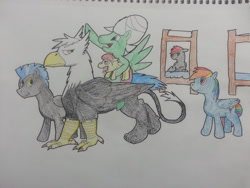 Size: 800x600 | Tagged: safe, artist:thatdamntenpin, imported from derpibooru, rainbow dash, thunderlane, oc, oc:little star, oc:matteo, oc:squall, oc:twister, griffon, pegasus, pony, fanfic:piercing the heavens, fanfic