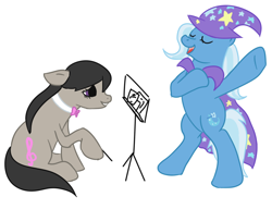 Size: 1280x985 | Tagged: safe, artist:shamrock, imported from derpibooru, octavia melody, trixie, pony, bipedal, eyes closed