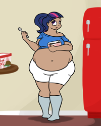 Size: 1000x1250 | Tagged: dead source, safe, artist:bigponiesinc, imported from derpibooru, twilight sparkle, human, ask feedee twilight, bbw, belly, belly button, big belly, chubby, clothes, fat, feedee, hips, humanized, ice cream, midriff, muffin top, obese, refrigerator, shorts, socks, spoon, thighlight sparkle, tumblr, twilard sparkle, wide hips