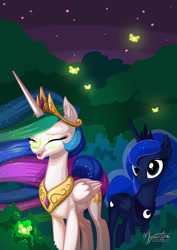 Size: 955x1351 | Tagged: safe, artist:mysticalpha, imported from derpibooru, princess celestia, princess luna, alicorn, firefly (insect), pony, eyes closed, female, happy, mare, open mouth