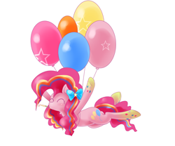 Size: 1200x1000 | Tagged: safe, artist:qiluo soul, imported from derpibooru, pinkie pie, balloon, bow, eyes closed, female, pixiv, rainbow power, solo, then watch her balloons lift her up to the sky