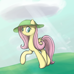 Size: 2000x2000 | Tagged: safe, artist:mang, imported from derpibooru, fluttershy, cloud, cloudy, female, hat, solo