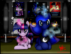 Size: 2144x1608 | Tagged: safe, artist:unitoone, imported from derpibooru, princess luna, scootaloo, twilight sparkle, gamer luna, magic, playstation 3, prone, stalkerloo