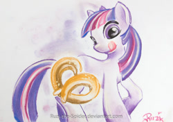 Size: 1024x722 | Tagged: safe, artist:ruzi-the-spider, imported from derpibooru, twilight sparkle, pretzel, pretzel coordination, traditional art, twipretzel