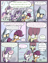 Size: 1235x1625 | Tagged: safe, artist:slitherpon, imported from derpibooru, apple bloom, diamond tiara, scootaloo, silver spoon, sweetie belle, earth pony, ghost, pegasus, pony, unicorn, apple bloom is not amused, bandage, comic, cutie mark crusaders, female, filly, foal, moody mark crusaders, one eye closed, unamused, wink