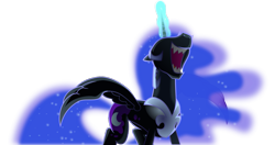Size: 1173x618 | Tagged: safe, artist:istilllikegamecubes, imported from derpibooru, nightmare moon, princess twilight sparkle (episode), .svg available, eyes closed, female, laughing, magic, nose in the air, sharp teeth, simple background, solo, spread wings, transparent background, vector