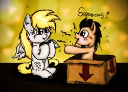 Size: 2763x1987 | Tagged: safe, artist:prokrastynatorka, imported from derpibooru, derpy hooves, doctor whooves, time turner, pegasus, pony, doctorderpy, female, male, mare, present, shipping, sitting, straight, surprised, unshorn fetlocks