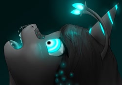 Size: 1314x918 | Tagged: safe, artist:alloyrabbit, imported from derpibooru, oc, oc only, oc:anon, oc:orchid, fish, human, kaiju, kaiju pony, monster pony, antennae, feeding, glowing eyes, macro, monster mare, open mouth
