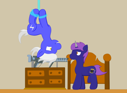 Size: 1224x899 | Tagged: safe, artist:minty candy, imported from derpibooru, oc, oc only, oc:cross stitch, oc:static charge, earth pony, pony, unicorn, fallout equestria, fallout equestria: empty quiver, bed, gauss rifle, indoors, tied up, trap (device), trapped, upside down