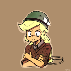 Size: 1000x1000 | Tagged: safe, artist:gmrqor, imported from derpibooru, applejack, equestria girls, female, helmet, military uniform, solo