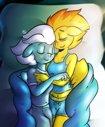 Size: 1914x2316 | Tagged: safe, artist:dynamicfuncorner, imported from derpibooru, fleetfoot, spitfire, anthro, bed, belly button, clothes, cuddling, duo, female, fleetfire, lesbian, midriff, shipping, shorts, snuggling, tanktop