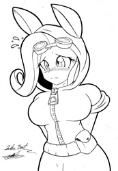 Size: 1024x1481 | Tagged: safe, artist:noisyvox, artist:thearcano13, imported from derpibooru, fluttershy, human, adorasexy, blushing, breasts, bunny ears, busty fluttershy, clothes, costume, cute, dangerous mission outfit, female, goggles, hoodie, humanized, monochrome, sexy, simple background, solo, white background