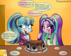 Size: 1024x803 | Tagged: safe, artist:queentigrel, imported from derpibooru, aria blaze, sonata dusk, equestria girls, cake, comic, friends, reference