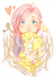 Size: 1024x1409 | Tagged: safe, artist:oooooooooosheep, imported from derpibooru, angel bunny, fluttershy, human, clothes, female, humanized, solo, sweatershy, winged humanization