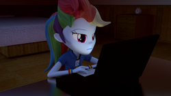 Size: 1920x1080 | Tagged: safe, artist:creatorofpony, imported from derpibooru, rainbow dash, equestria girls, /mlp/, 3d, 3d model, blender, bored, clock, clothes, computer, female, laptop computer, solo