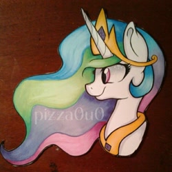 Size: 1024x1024 | Tagged: safe, artist:pizza0u0, imported from derpibooru, princess celestia, female, portrait, smiling, solo, traditional art