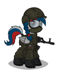 Size: 648x797 | Tagged: safe, artist:cogwheel98, imported from derpibooru, oc, oc only, oc:marussia, pony, ak-47, ak-74, boots, camouflage, clothes, goggles, helmet, military, nation ponies, russia, russian army, russian flag, solo, uniform