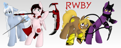 Size: 1024x410 | Tagged: safe, artist:bookfangeek, imported from derpibooru, blake belladonna, crescent rose, crossover, ember celica, gamboul shroud, myrtenaster, ponified, ruby rose, rwby, weiss schnee, yang xiao long