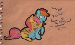 Size: 1024x614 | Tagged: safe, artist:fraida94, imported from derpibooru, fluttershy, rainbow dash, happy, hug, traditional art